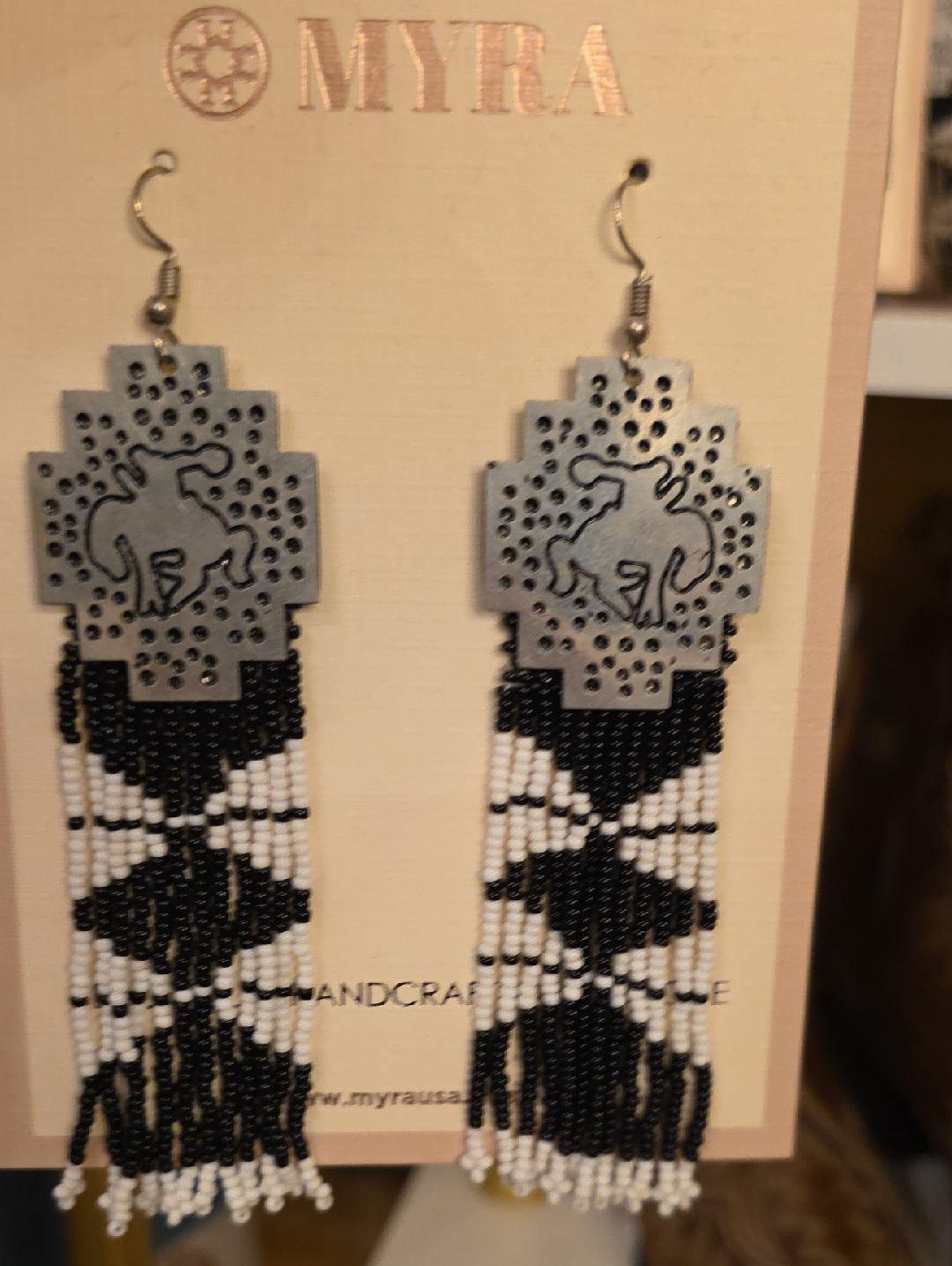Myra Bag Black And White Geometric Beaded Fringe Earrings